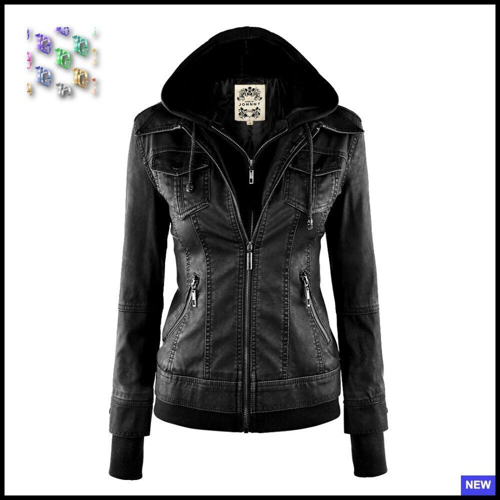 Faux Leather Motorcycle Jacket with Removable Hood Aviator Style Biker Coat